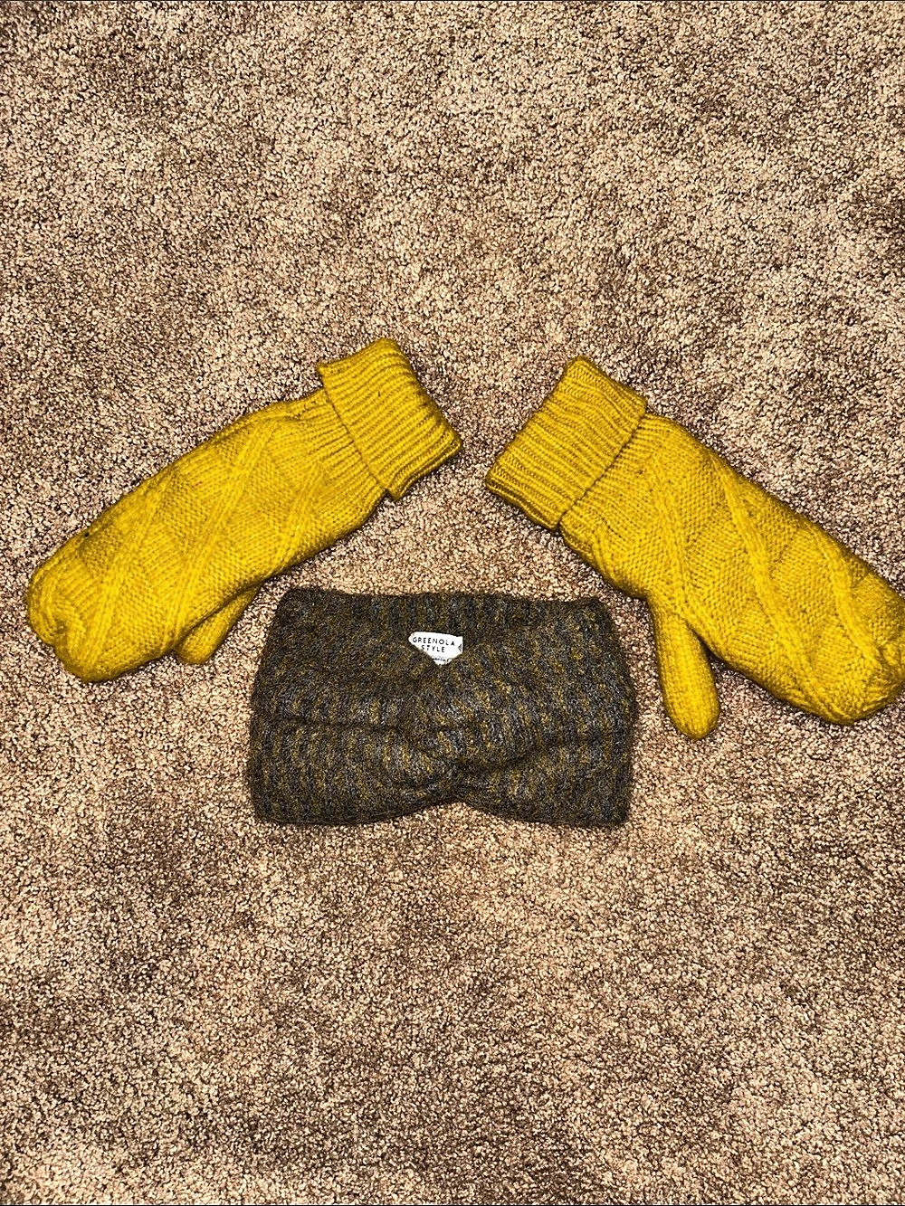 Love & Lore Knit Mittens & Greenola 100% Alpaca
Headband Set in Yellow & Gray